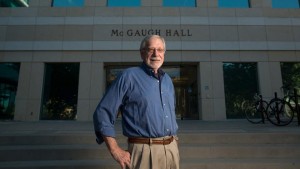 Dr. James McGaugh in front of McGaugh HallSteve Zylius/UC Irvine Communications