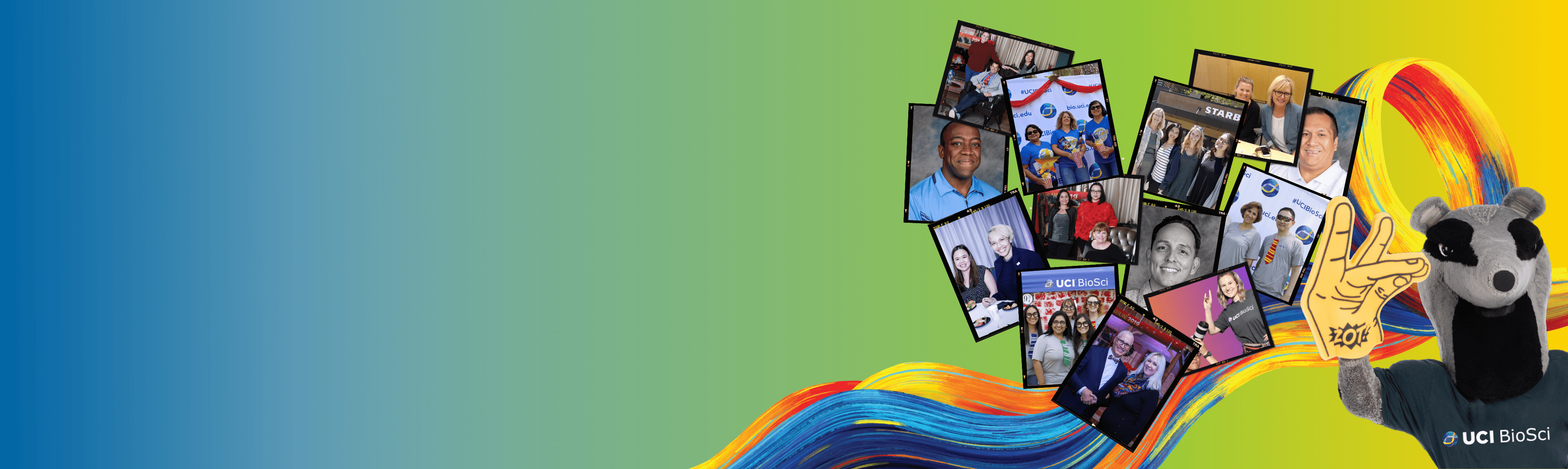 Biosci Staff collage with the anteater mascot in the bottom right corner all in front of a surge on a gradient blue to yellow background