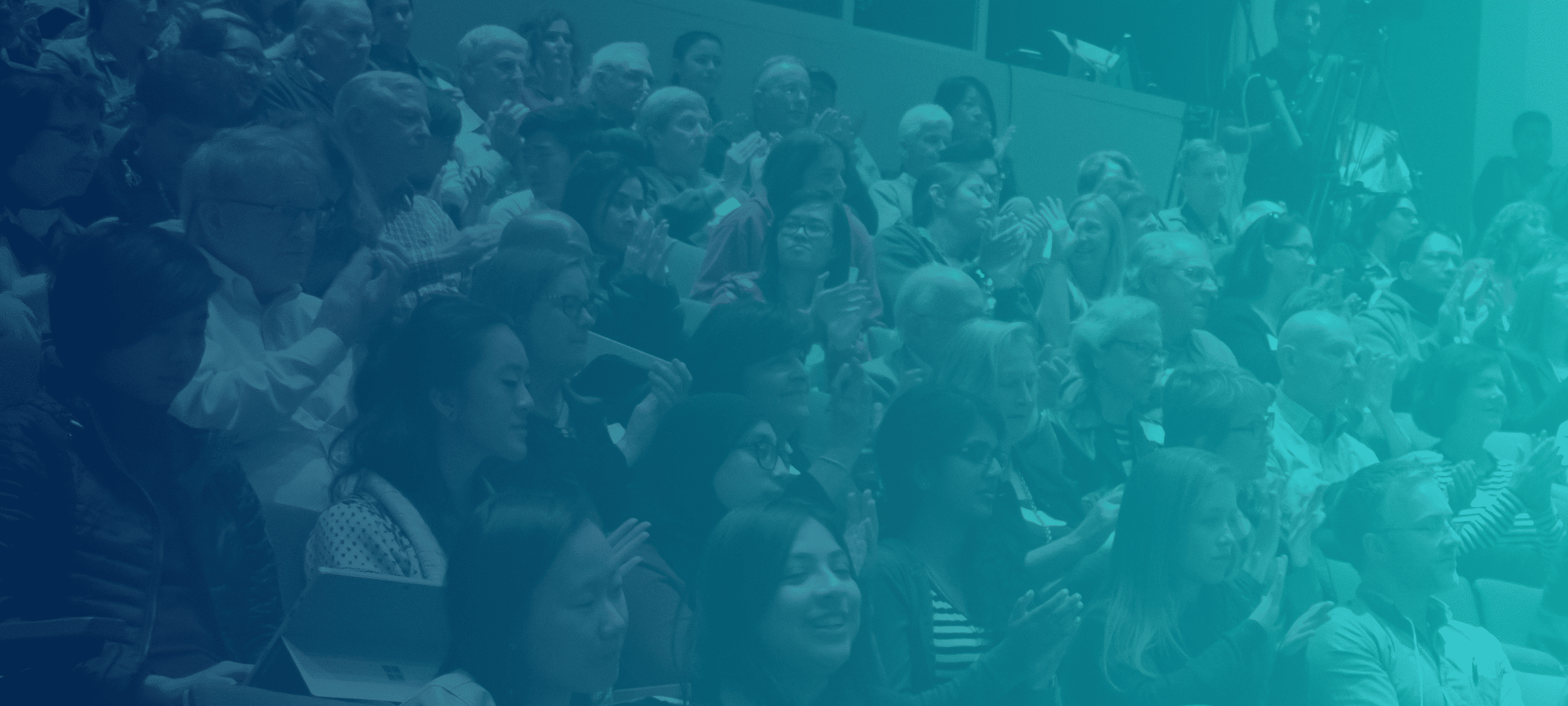 a picture of a crowd behind a blue faded gradient