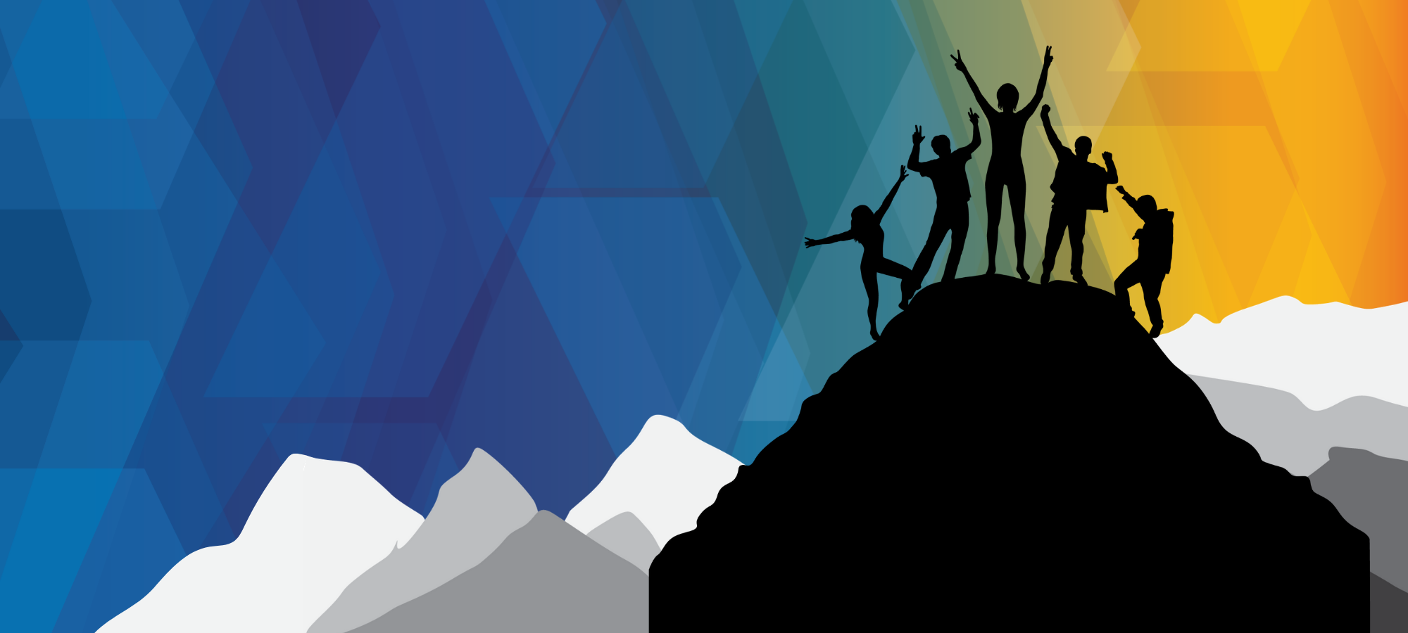 Banner image for the Guiding Principles event. There is a blue to yellow gradient in the background, with graphic people standing on a mountain in the foreground. The people are in celebratory poses, such as holding up their arms and using the peace sign.