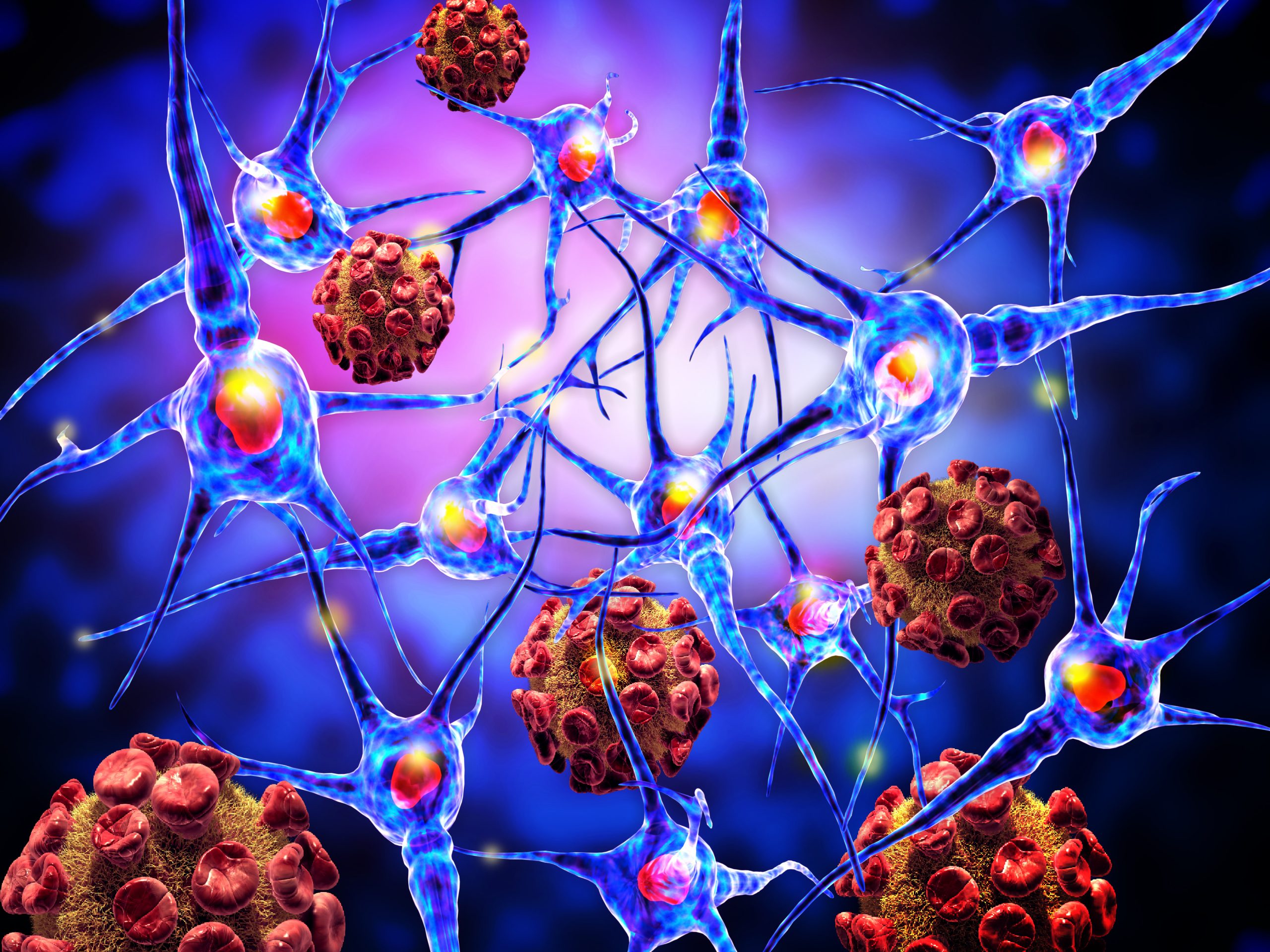 3d illustration of viruses attacking nerve cells