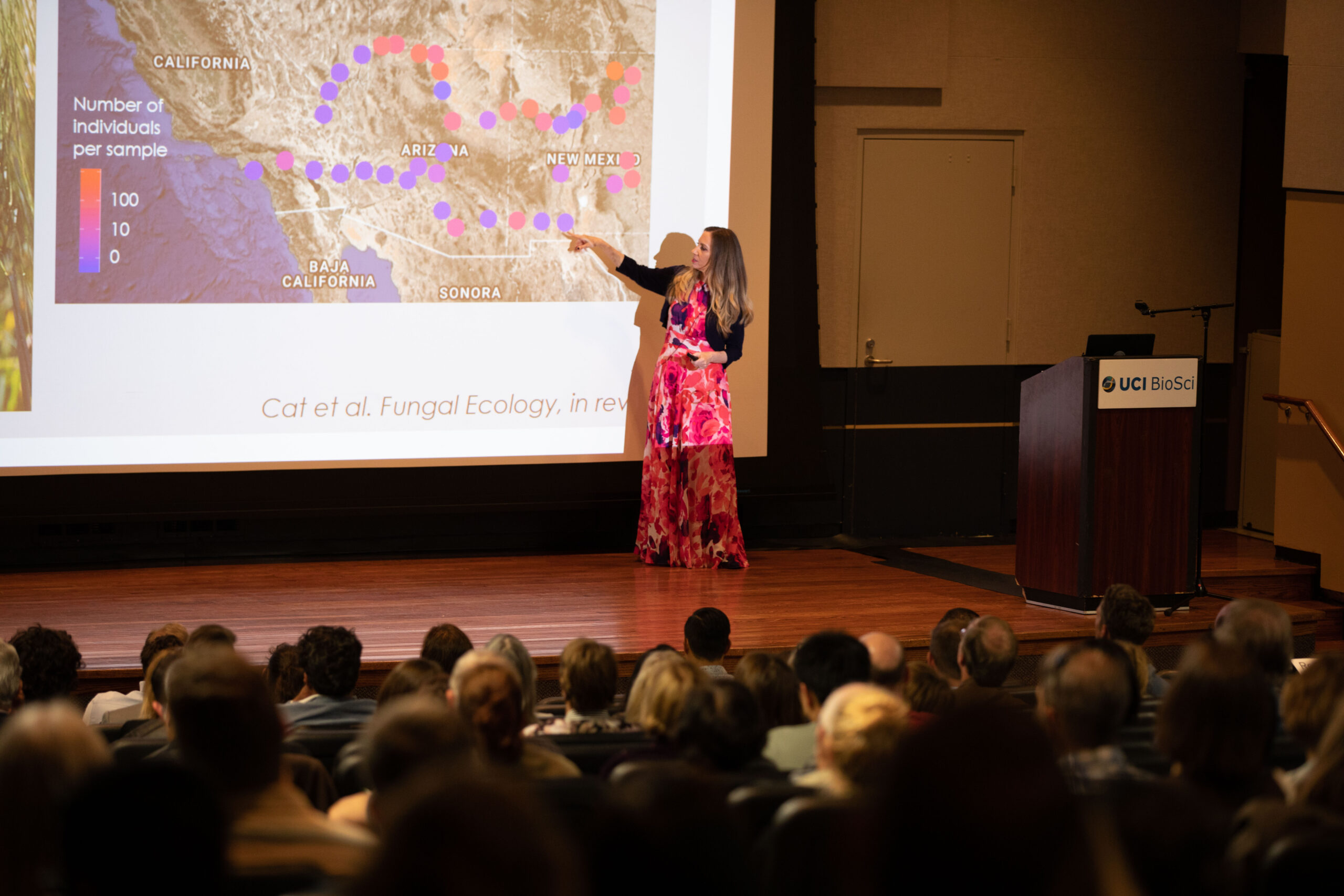 Photo of Kathleen Treseder, PhD. giving a lecture at a Deans Distinguished Lecture