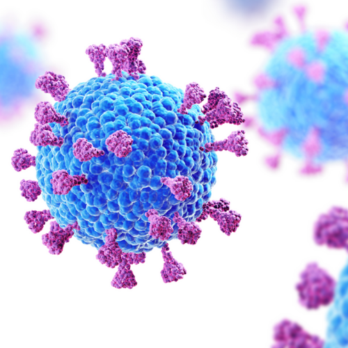 Detailed view cells of coronavirus on white background. 3d illustration.