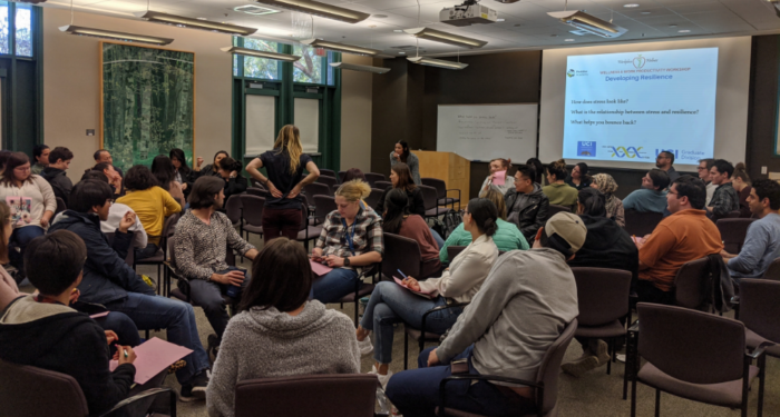 People sitting in groups at an event for the Post Doc Academy at UCI