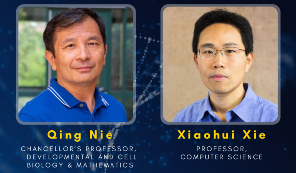 Headshot of professor Qing Nie: Chancellor's professor, developmental and cell biology and mathematics, next to headshot of Professor Xiaohui Xie: Professor of computer science