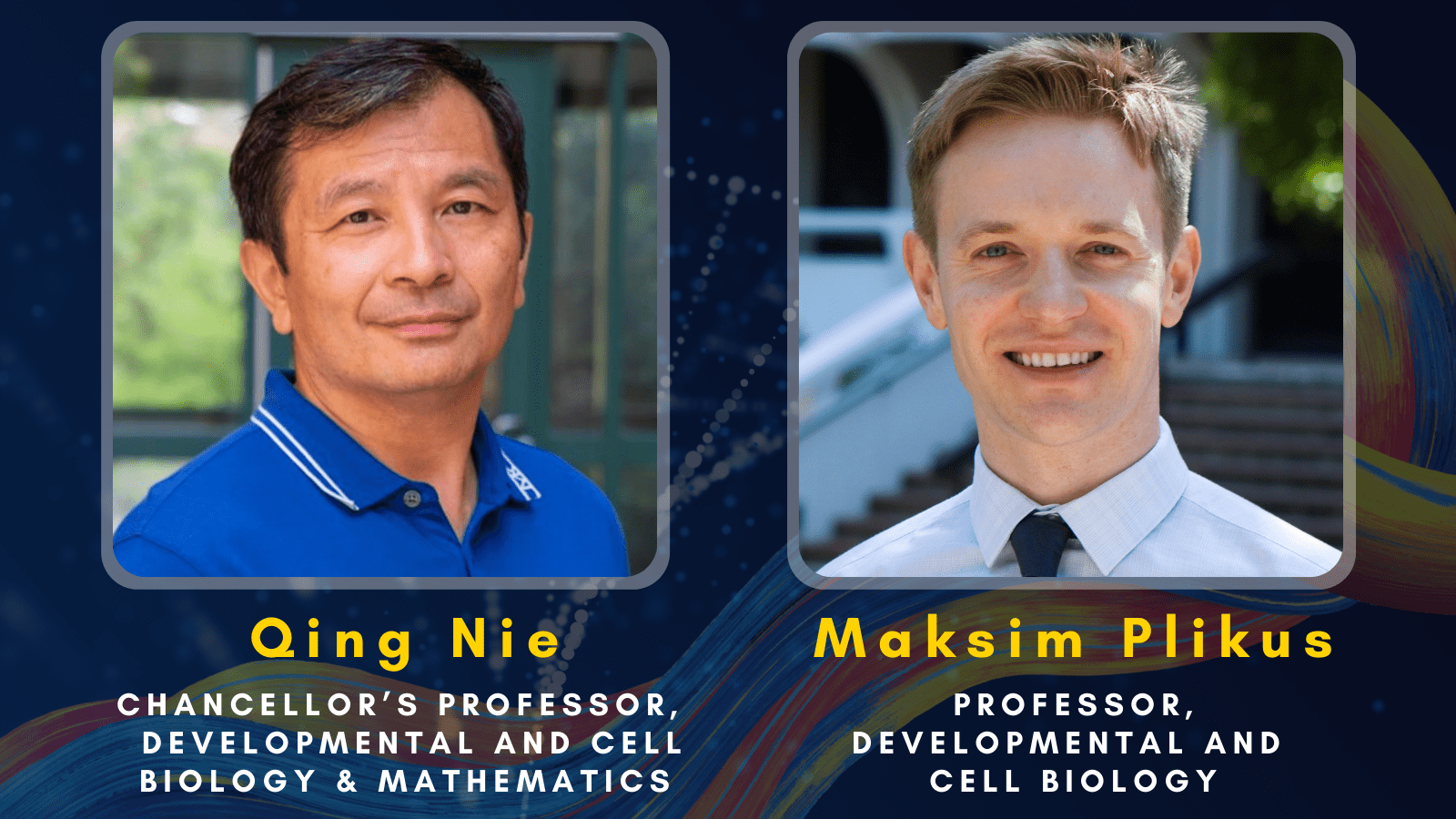 There are 2 headshots of UCI BioSci Professors, including Qing Nie and Maksim Plikus.