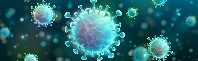 Decorative image of multiple zoomed-in multicolored coronavirus against a dark blue-green background.