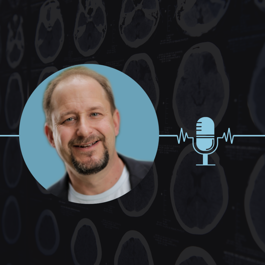 Headshot of Dunlop School Chancellor's Professor Thomas Lane with a blue podcast icon. An image of brain scans is in the background.