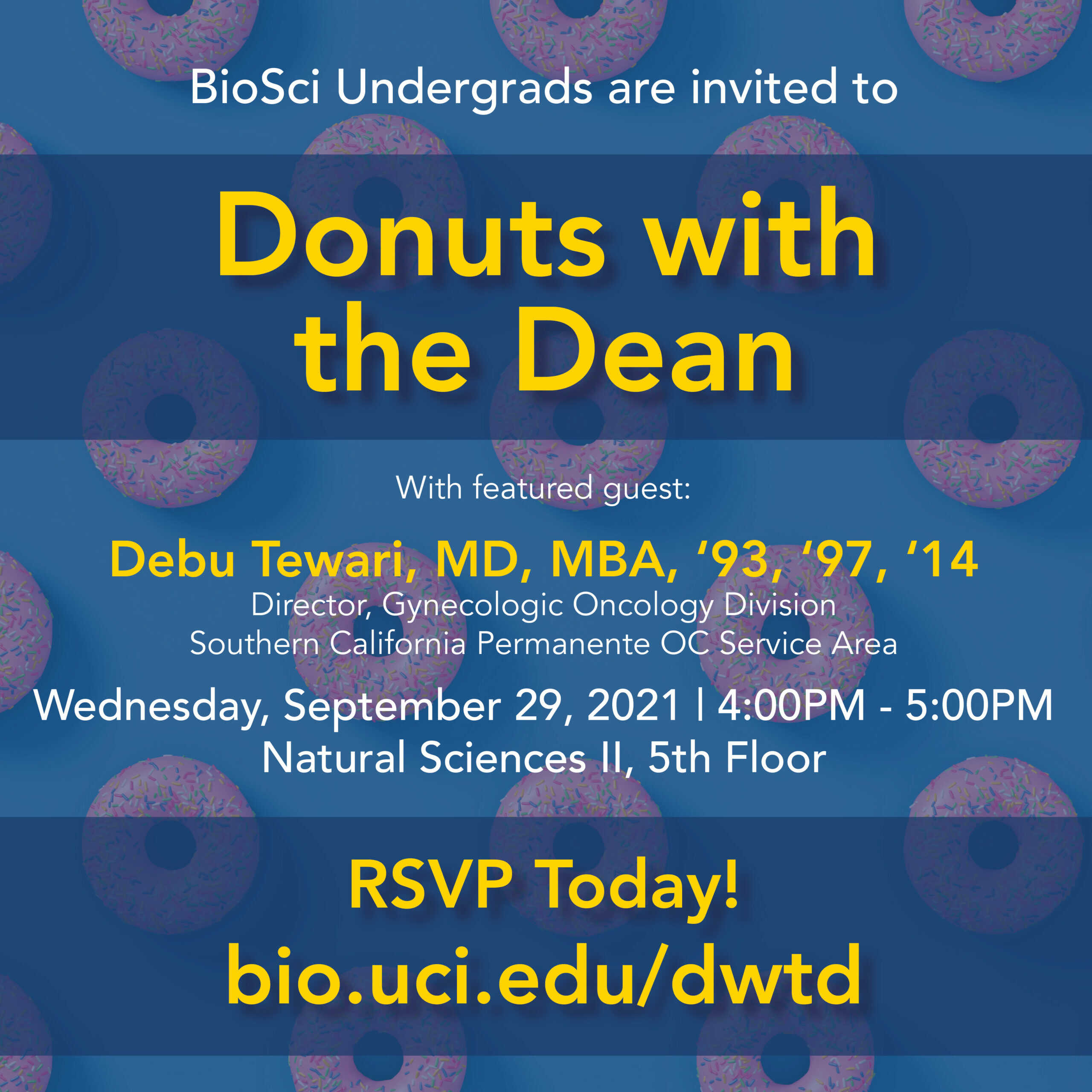 Invitation to Donuts with the Dean event. Donuts in the background, Date, Location and Time listed as well.